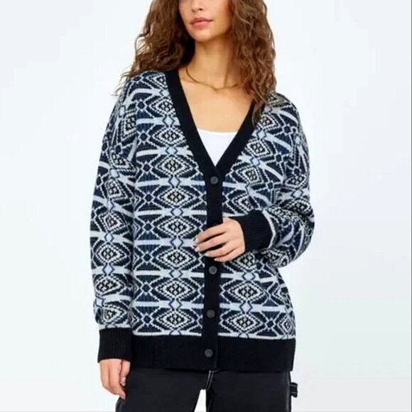 Aritzia TNA 'Jennings' Merino Wool Cardigan M Oversize Argile Colorwork Navy - Picture 1 of 15